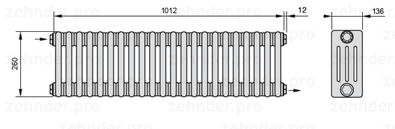 Схема (чертеж) Радиатор Zehnder Charleston 4026/22 №1670 Белый глянцевый RAL 9016